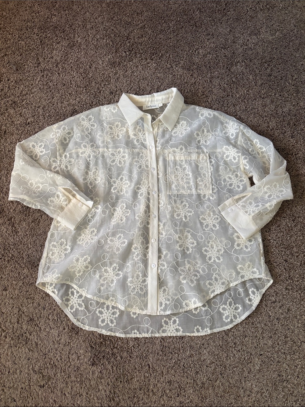Taelynn Boho Ivory Sheer Floral Embroidered Button-Down Shirt L XL